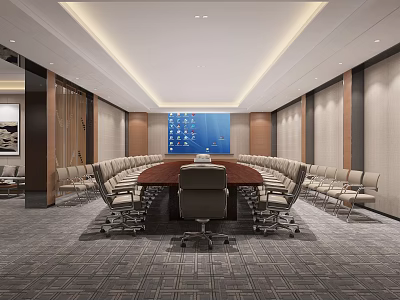 Modern Conference Room Interior With Round Table Multiple Chairs And Blue Backdrop Wall 3d model