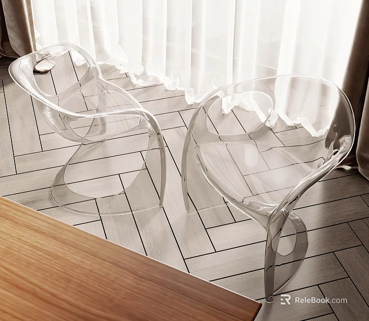 Transparent Acrylic Leisure Chairs With Modern Curved Design By White Curtains On Wooden Floor 3d model 