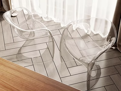 Transparent Acrylic Leisure Chairs With Modern Curved Design By White Curtains On Wooden Floor 3d model