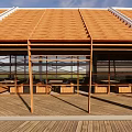 Outdoor Pergola With Orange Roof Tiles Wooden Structure And Wooden Deck