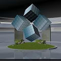 Cartoon Scene Featuring Floating Blue Cubes Over Circular Green Lawn Small Plants in Modern Architecture