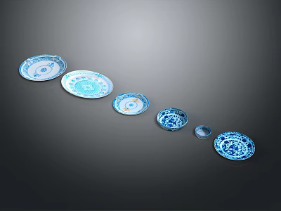 Decorative Ceramic Plates with Blue and White Patterns in Various Sizes Arranged in a Row 3d model