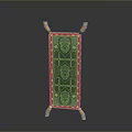 Ornate Decorative Screen With Green Patterned Panel Red Border And Wooden Legs