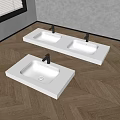 Two Modern White Washbasins On Wooden Floor With Light Wall And Blinds