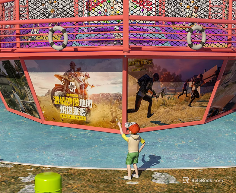Shopping Mall Store Featuring Vibrant Game Character Posters And Child Interacting With 3d model 