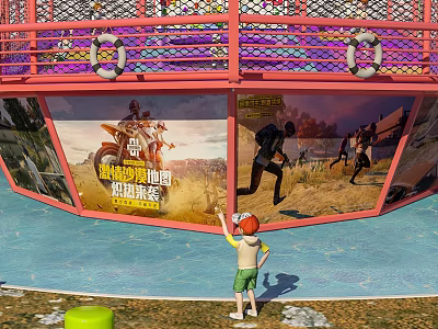 Shopping Mall Store Featuring Vibrant Game Character Posters And Child Interacting With 3d model
