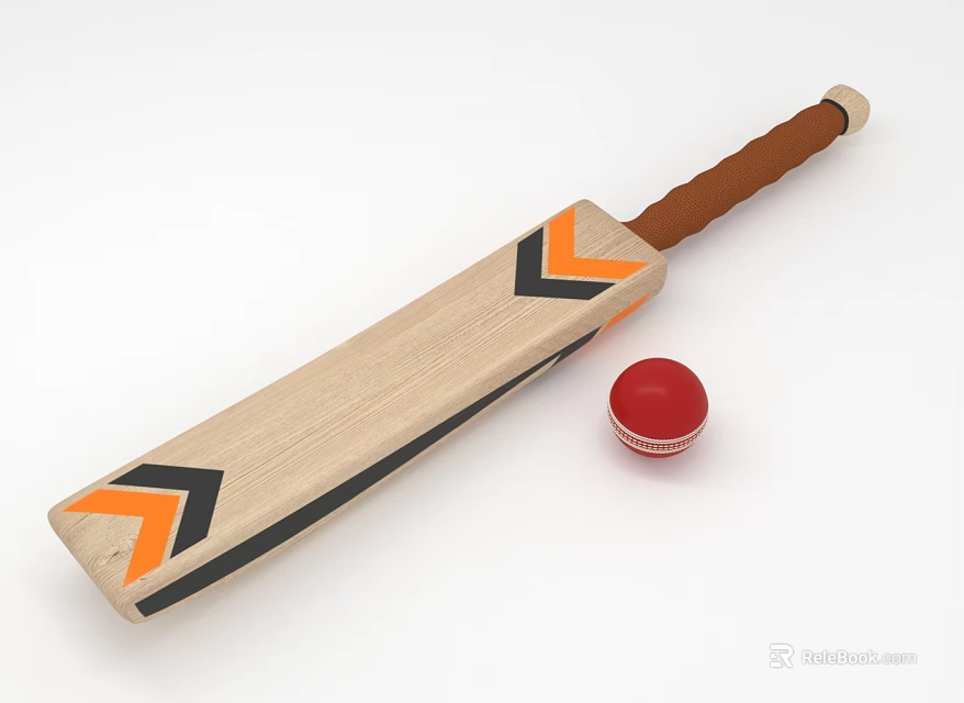Cricket Sports Equipment Featuring Wooden Bat With Orange Black Accents And Red Ball 3d model 