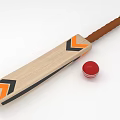 Cricket Sports Equipment Featuring Wooden Bat With Orange Black Accents And Red Ball