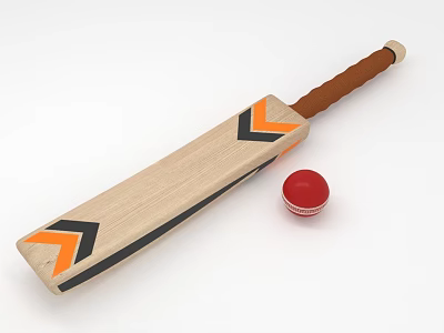 Cricket Sports Equipment Featuring Wooden Bat With Orange Black Accents And Red Ball 3d model
