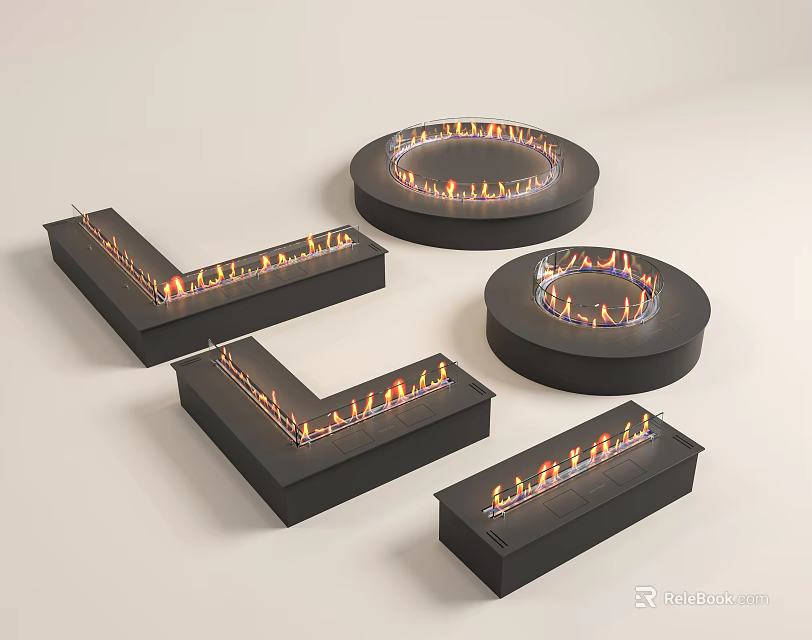 Modern Fireplaces In Various Shapes With Burning Flames And Sleek Black Design 3d model 