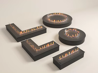 Modern Fireplaces In Various Shapes With Burning Flames And Sleek Black Design 3d model