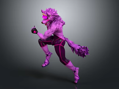 Purple Horned Anthropomorphic Wolf Creature In Tight Outfit Running Dynamic Pose 3d model