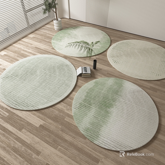 Light Green and White Round Rugs with Fern Leaf Pattern on Wooden Floor 3d model 