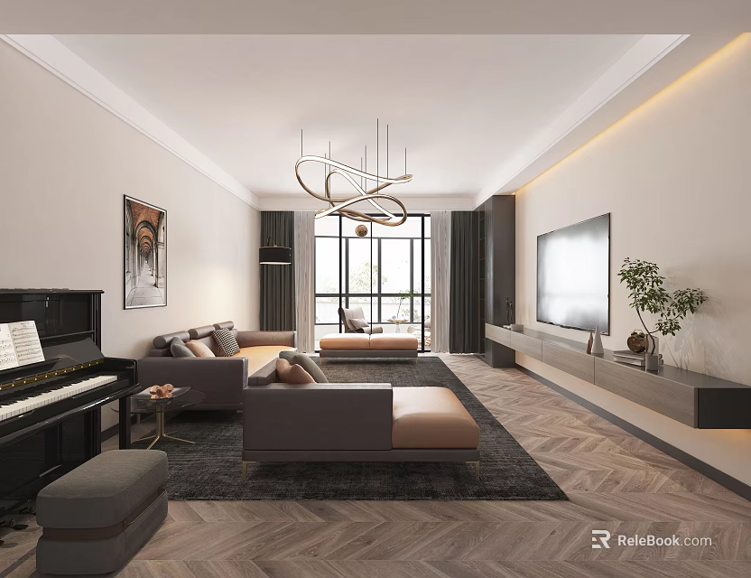 Modern Living Room Interior With Piano Sofa Rug TV And Herringbone Floor 3d model 