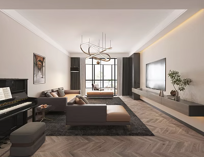 Modern Living Room Interior With Piano Sofa Rug TV And Herringbone Floor 3d model