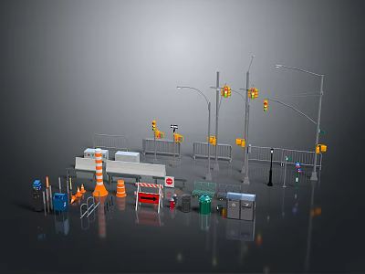 3D Rendering Of Road Construction Site With Traffic Lights Barriers Cones And Signs 3d model