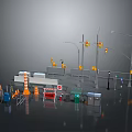 3D Rendering Of Road Construction Site With Traffic Lights Barriers Cones And Signs