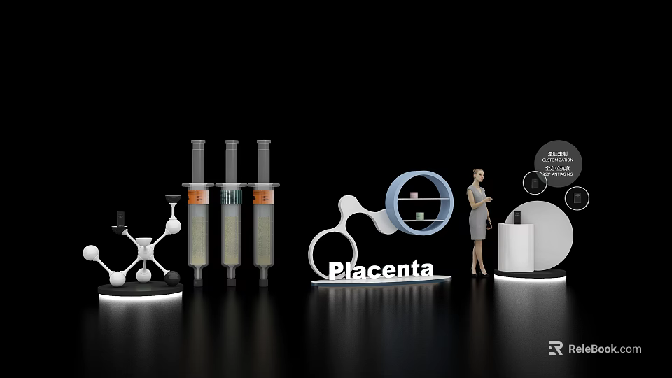 Modern Display Shelves For Placenta Products With Illuminated Vials And Models 3d model 