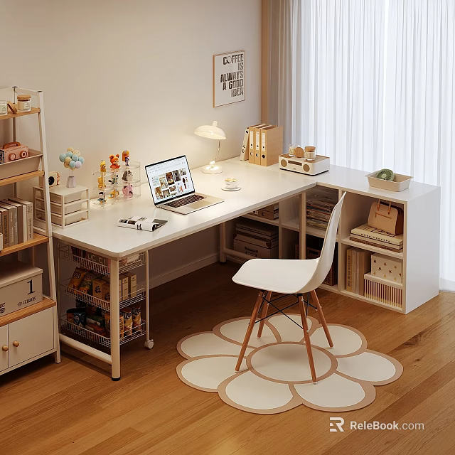 White Modern Home Office Desk And Chair Set With Laptop Lamp And Storage Shelves 3d model 