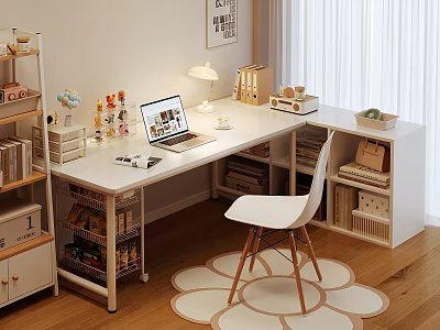 White Modern Home Office Desk And Chair Set With Laptop Lamp And Storage Shelves 3d model