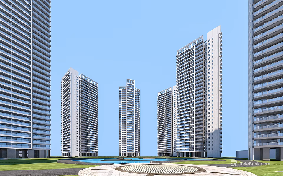 Modern High Rise Residential Buildings With Multiple Structures Circular Square Pool And Lawn 3d model 