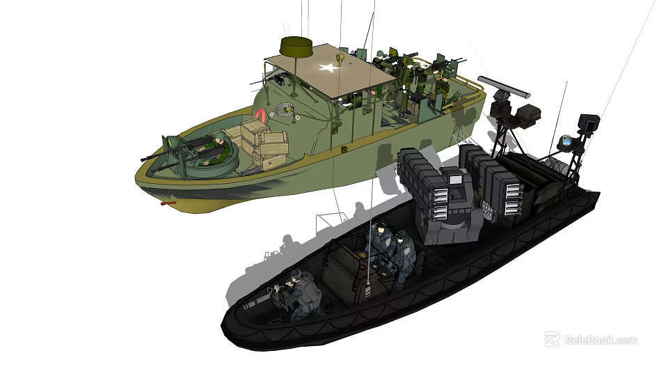 Green And Black Military Patrol Boats With Weapons And Personnel On Board 3d model 