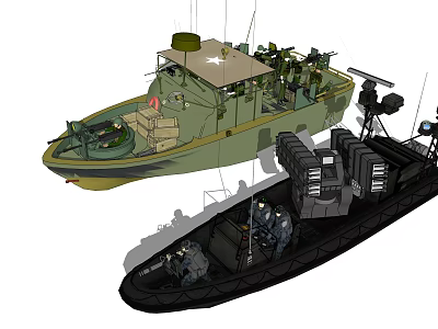 Green And Black Military Patrol Boats With Weapons And Personnel On Board 3d model