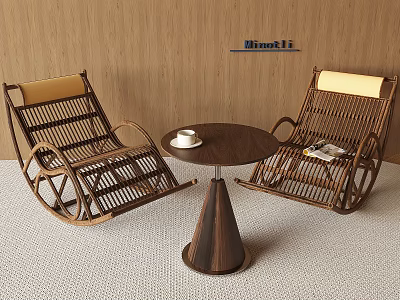 Rattan Rocking Lounge Chairs With Small Round Table White Cup Magazine Wooden Wall Light Carpet 3d model