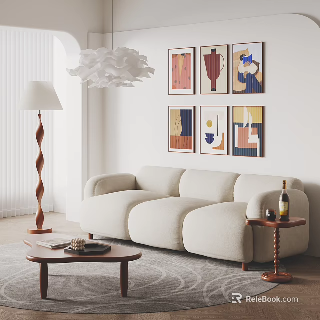 Beige Fabric Three Seater Sofa In Modern Living Room With Artwork And Floor Lamp 3d model 