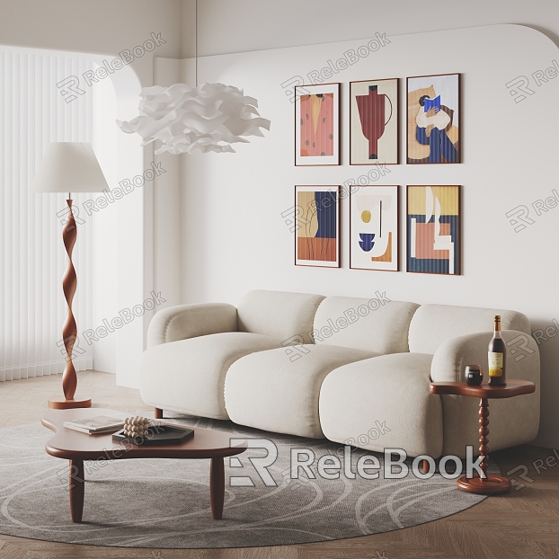 Modern cream style three-seat sofa cream sofa coffee table model