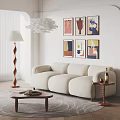 Beige Fabric Three Seater Sofa In Modern Living Room With Artwork And Floor Lamp