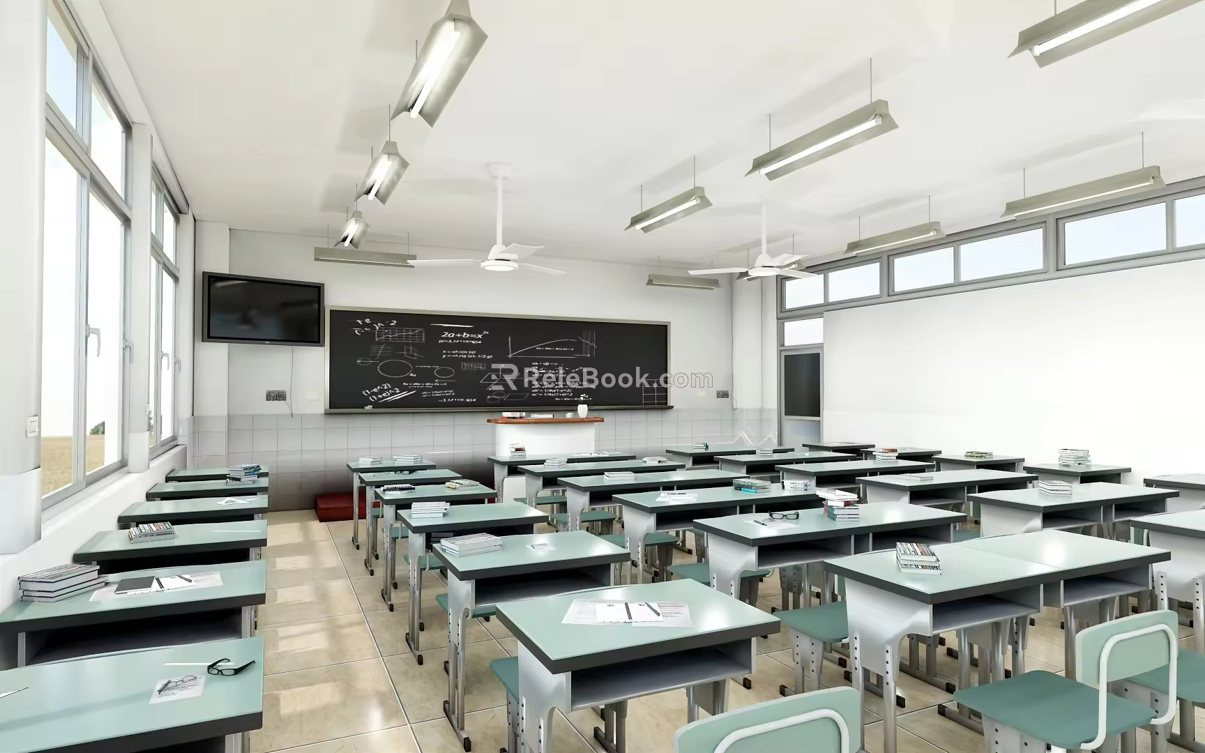 Modern Classroom School Classroom Desk Platform Blackboard Ceiling Fan 3d model