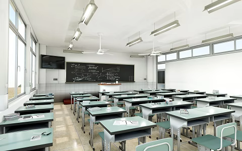 Modern Classroom School Classroom Desk Platform Blackboard Ceiling Fan 3d model