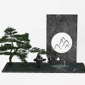 Grey Stone Feature Wall with Circular Mountain Design and Pine Tree Water Element 3d model