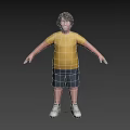 3D Man Model Wearing Yellow T-shirt Blue Shorts White Sneakers With Arms Outstretched Gray Background