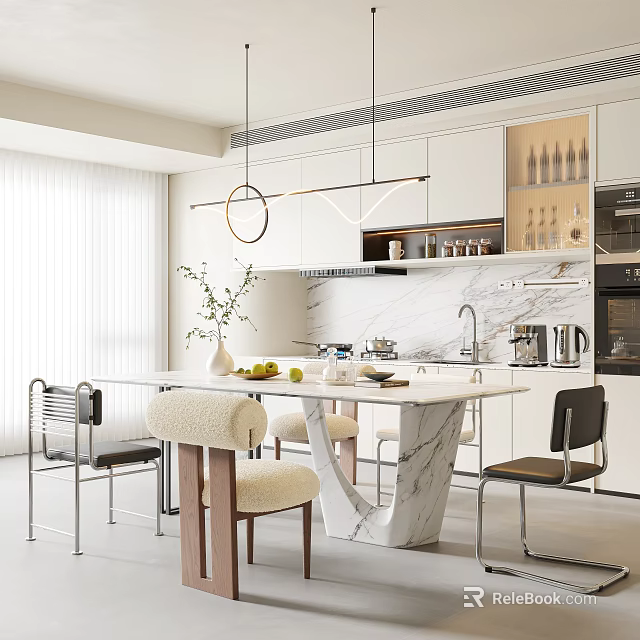 Modern Restaurant Interior Design With Marble Dining Table Pendant Lights And Chairs 3d model 
