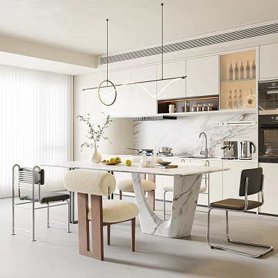 Modern Restaurant Interior Design With Marble Dining Table Pendant Lights And Chairs 3d model