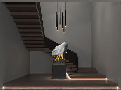 Modern Dark Wooden Stairs With Hanging Pendant Lights And Sculpture In Minimalist Interior 3d model