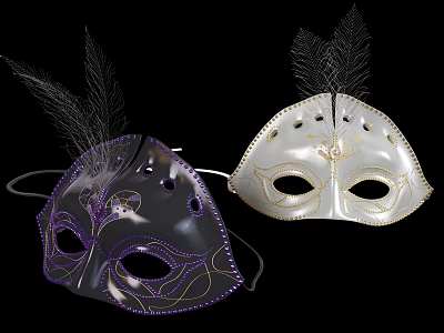 Ornate Venetian Masks With Feathers Purple And White Decorative Details 3d model
