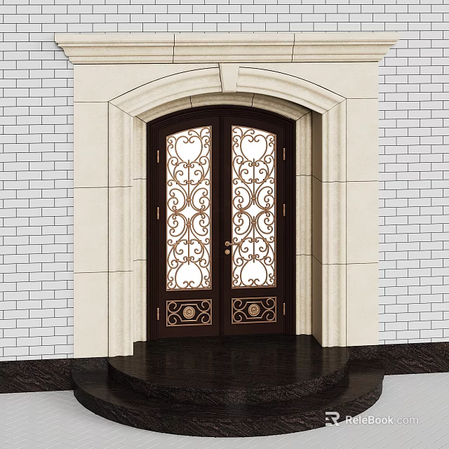 Double Doors With Ornate Glass Panels And Stone Frame In Brick Wall Setting 3d model 