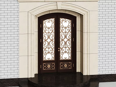 Double Doors With Ornate Glass Panels And Stone Frame In Brick Wall Setting 3d model