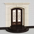 Double Doors With Ornate Glass Panels And Stone Frame In Brick Wall Setting