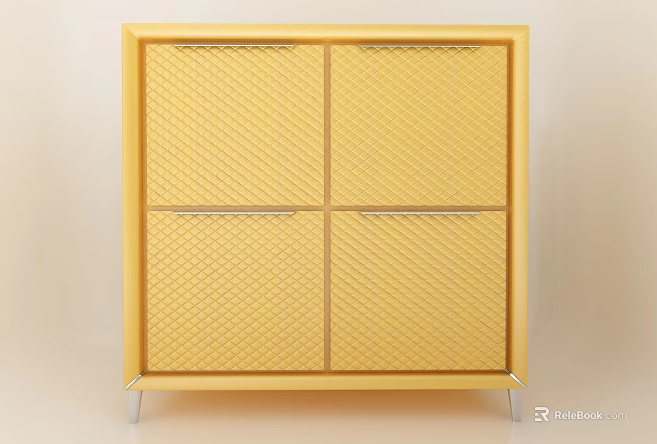 Yellow Decorative Cabinet with Four Doors Diamond Grid Pattern and Metal Legs 3d model 