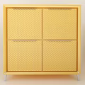 Yellow Decorative Cabinet with Four Doors Diamond Grid Pattern and Metal Legs