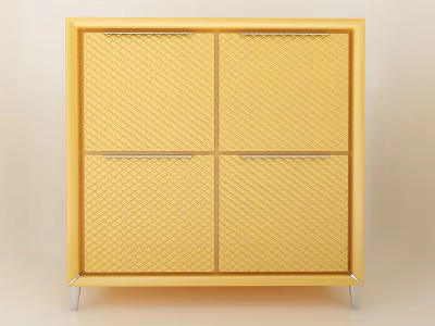 Yellow Decorative Cabinet with Four Doors Diamond Grid Pattern and Metal Legs 3d model