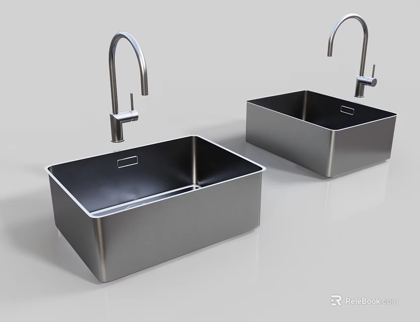Stainless Steel Double Bowl Kitchen Sinks With Modern Faucets For Home Kitchens 3d model 