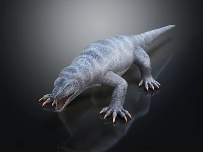 Gray Striped Lizard With Open Mouth And Sharp Claws On Black Background 3d model