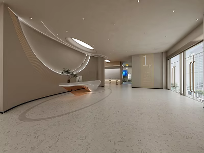 Modern Lobby Interior With Spacious Design Curved Walls Light Flooring And Glass Windows 3d model