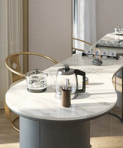 Modern Dining Tabletop Featuring Glass Metal Electric Kettle On Marble Counter With Gold Chairs 3d model