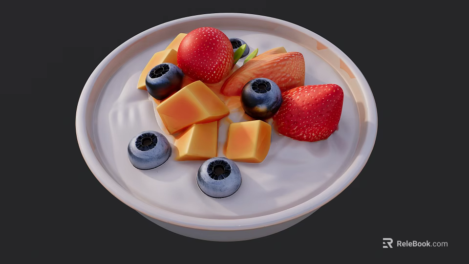 Fresh Fruit Platter With Strawberries Blueberries And Mango Cubes On White Plate 3d model 